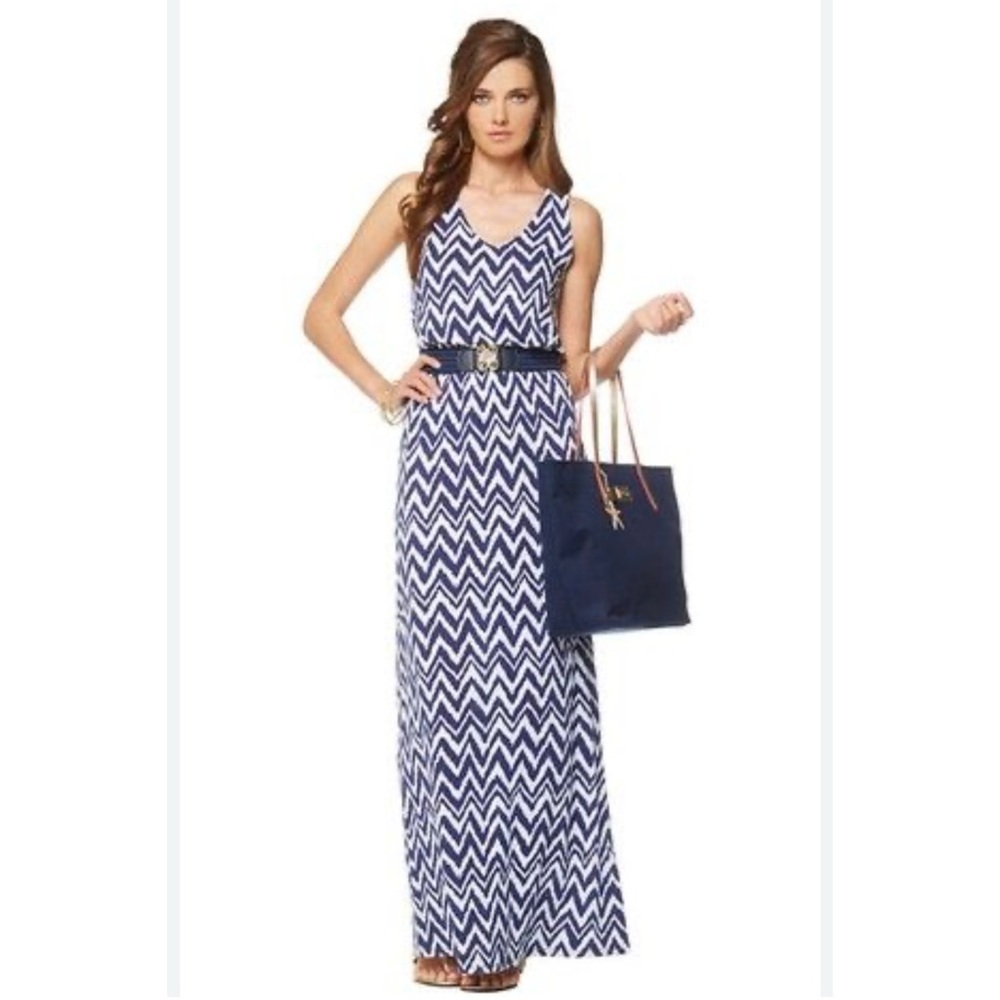 Lilly Pulitzer Mills Maxi Dress Medium Blue Chevron Stripes Resort Cruise Travel